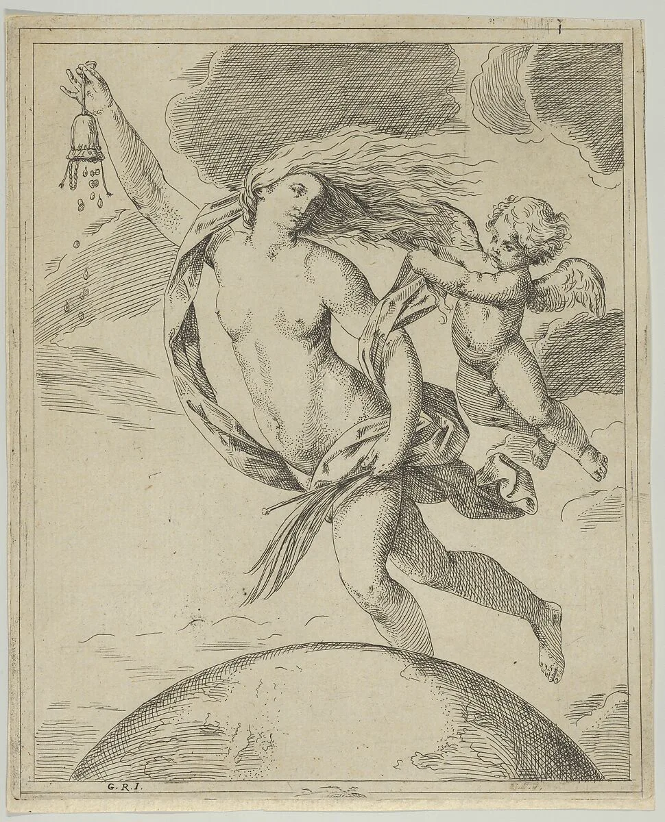 Fortune flying above the globe, partly naked, emptying a purse in her raised right hand and holding a staff in her left, a winged putto pulling her forelock, after Reni — Guido Reni|Girolamo Scarsello