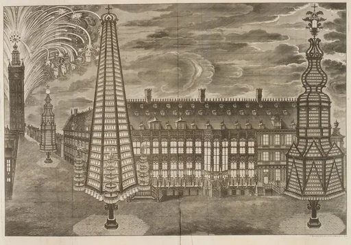 Relation de l' Inauguration Solemnelle de Sa Sacrée Majesté Imperiale et Catholique Charles VI .. comme Comte de Flandres. [Illuminations at the Hôtel de Ville and Fireworks behind the Belfry, Ghent, October 19, 1717]