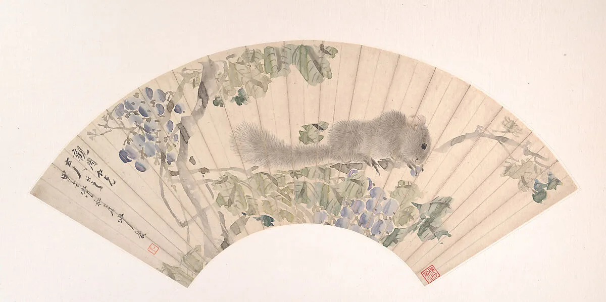清 沙馥 松鼠葡萄 扇面|Squirrel and Grapes — Sha Fu