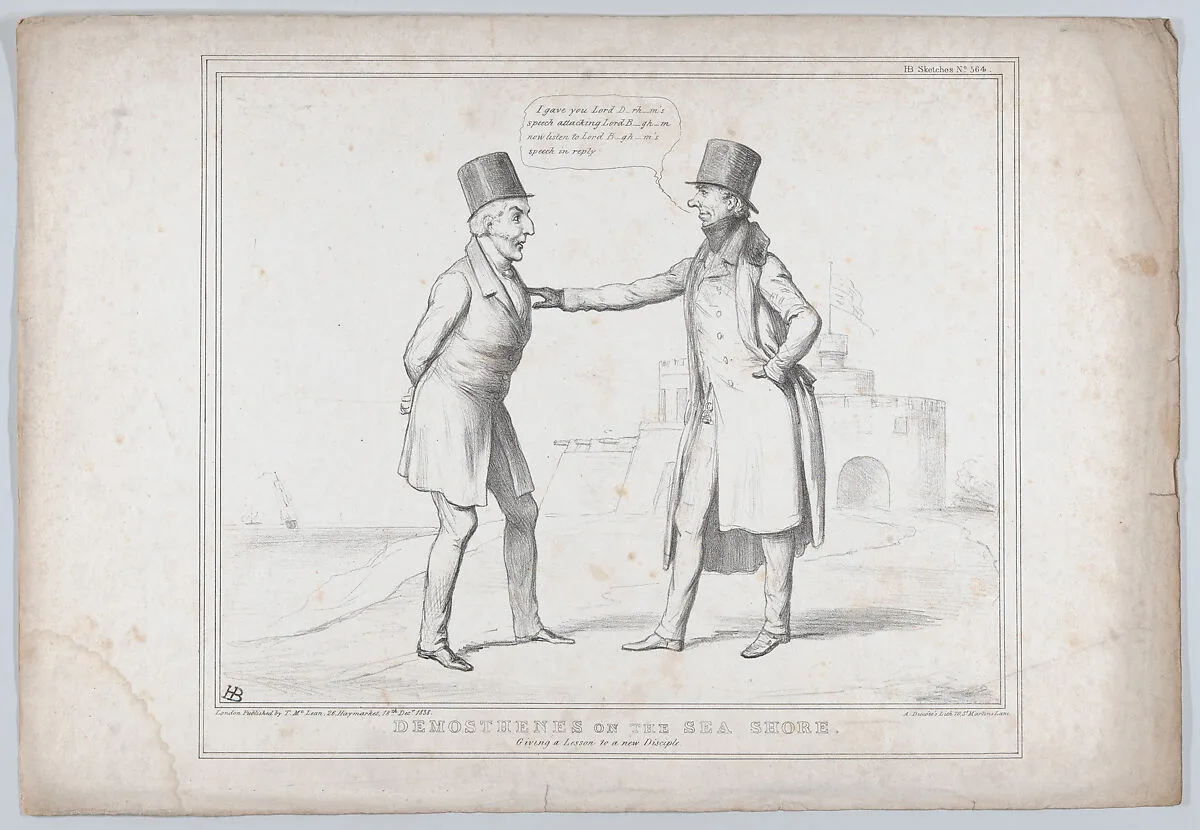 Demosthenes on the Sea Shore – Giving a Lesson to a new Disciple — Alfred Ducôte|John George Lambton, 1st Earl of Durham|Arthur Wellesley, 1st Duke of Wellington|Henry Peter, 1st Baron Brougham and Vaux|John Doyle|Thomas McLean