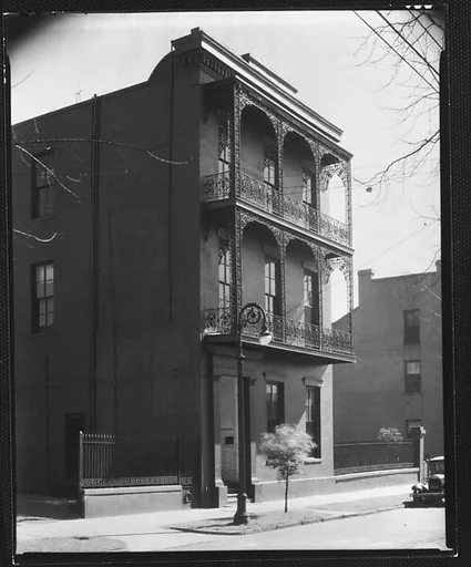 [Oblique View of Cast-Iron Balconied House in French Quarter, New Orleans, Louisiana]