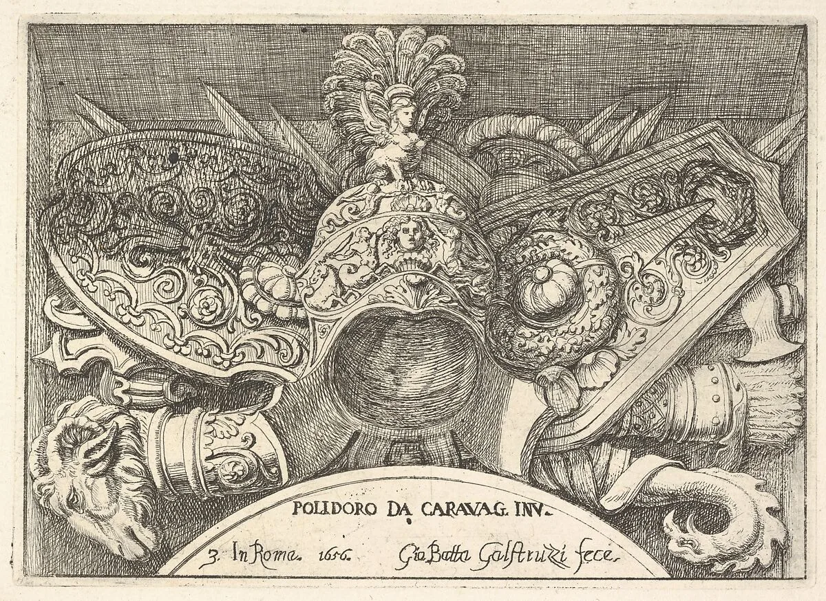 Plate 3: trophies of Roman arms from decorations above the windows on the second floor of the Palazzo Milesi in Rome — Giovanni Battista Galestruzzi|Polidoro da Caravaggio
