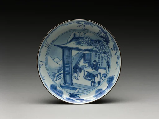 清初   景德鎮窯青花雪夜題詩盤|Dish with a scholar writing on a snowy night