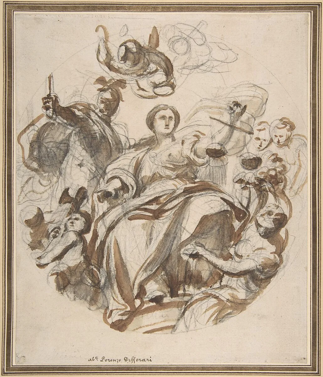 Study of Justice Dispensing Rewards to the Arts (recto); Study of a Lunette and Spandrel (verso) — Lorenzo de' Ferrari