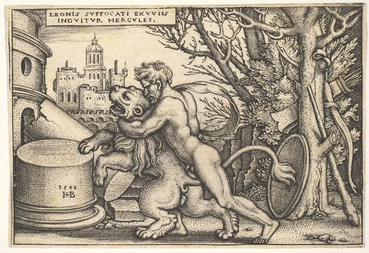 Hercules, in profile, killing the Nemean lion with his arm around its neck, from 'The labors of Hercules' — Sebald Beham