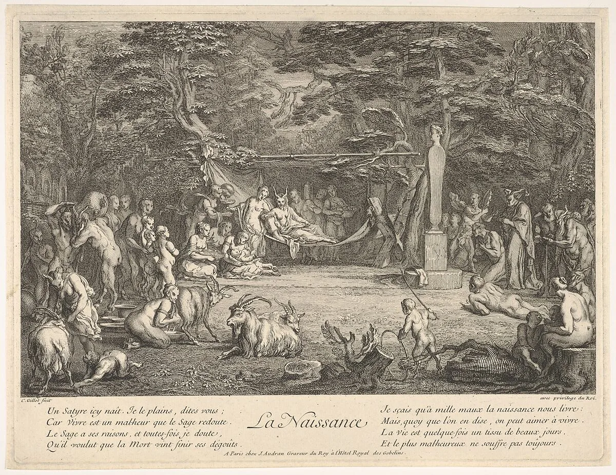 The Birth (La Naissance): in a forest, the new mother resting in a hammock at center, the newborn below her to left, various satyrs and goats surrounding, from 'The lives of satyrs' (La vie des satyres) — Claude Gillot|Jean Audran