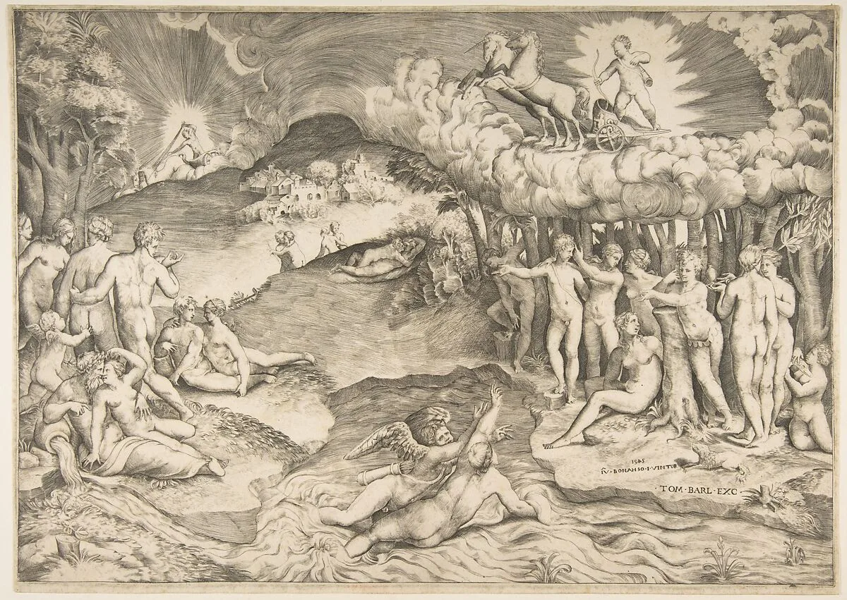 The triumph of love, cupid riding a chariot drawn by unicorn is in the upper right, naked figures fill the composition — Giulio Bonasone