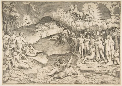 The triumph of love, cupid riding a chariot drawn by unicorn is in the upper right, naked figures fill the composition
