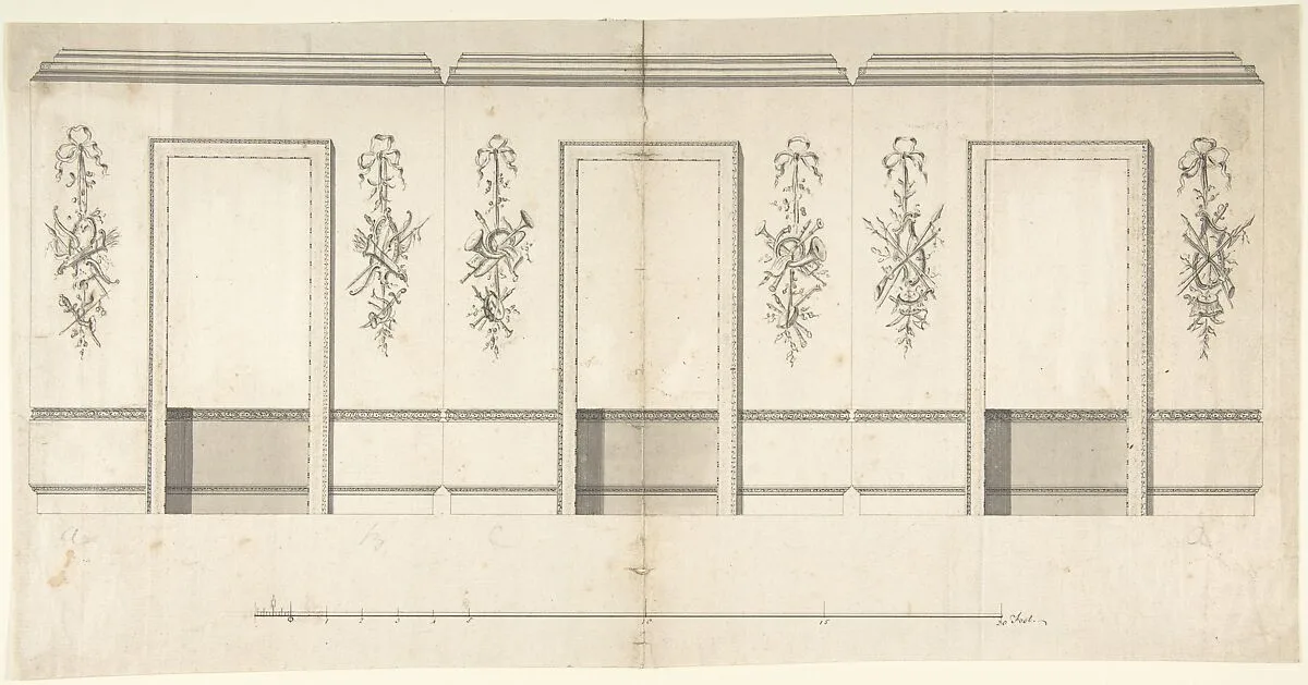 Wall Decorated with Musical and Military Trophies and Three Windows — Anonymous, British, 18th century
