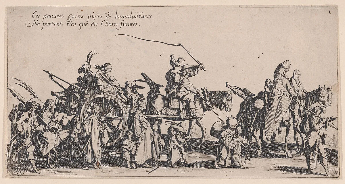 Les Bohémiens en Marche: L'Arrière-Garde, pièce aussi appelée Le Départ (The Gypsies Travelling: The Rear Guard, also called The Departure), from Le Bohémiens, série appelée aussi Les Égyptiens, La Marche des Bohémiens, La Vie Errante des Bohémiens, Les Marches Égyptiennes (The Gypsies, series also called The Egyptiens, The Gypsy Troops, The Wandering Lives of Gypsies, The Egyptian Troops) — Jacques Callot