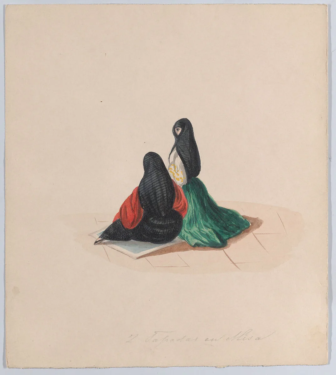 Two woman wearing the saya attending mass, from a group of drawings depicting Peruvian dress — Francisco (Pancho) Fierro
