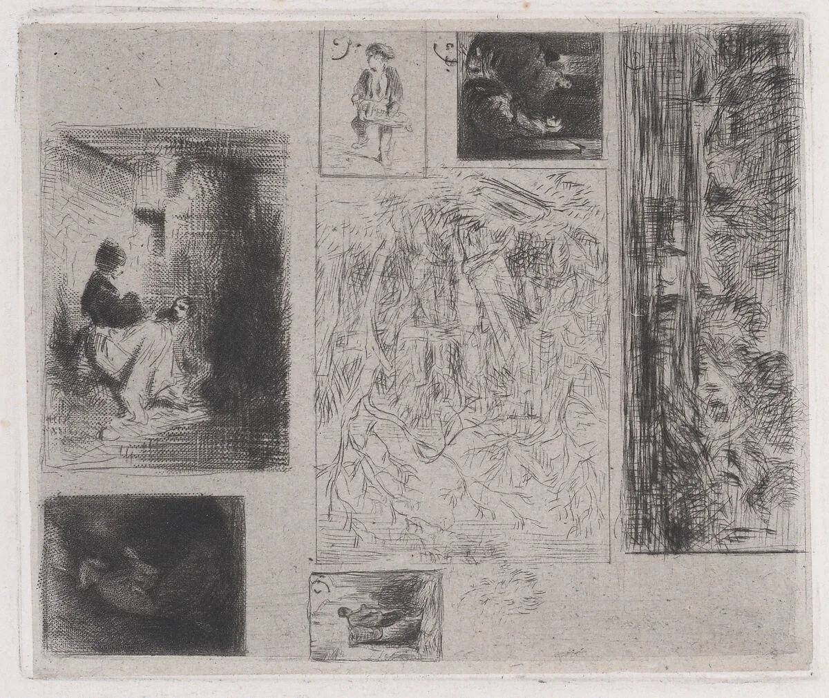 Composite plate: Woman and Children (a), Old Musician (b), Frying Merchant (c), Landscape (d), Landscape (e), Praying Monk (f), and Scavenger (g) — Charles Jacque
