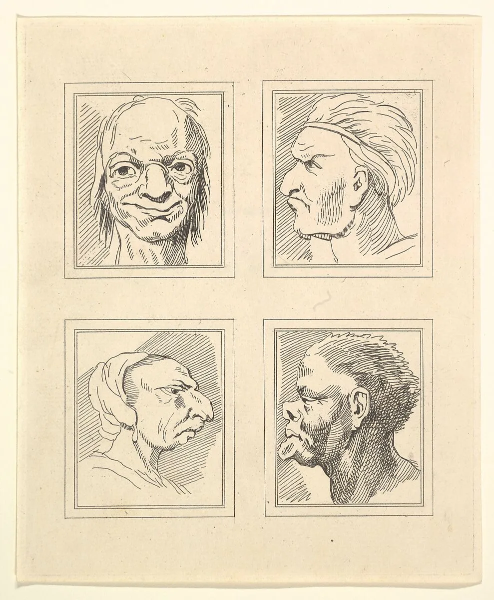 Four Heads (from Characaturas by Leonardo da Vinci, from Drawings by Wincelslaus Hollar, out of the Portland Museum) — John Clarke|Wenceslaus Hollar|Leonardo da Vinci