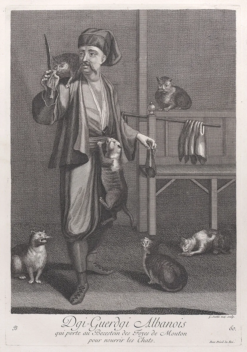 Dgi-Guerdgi Albanois, qui porte au Bezestein des Foyes de Mouton pour nourrir les Chats, plate 60 from "Recueil de cent estampes représentent differentes nations du Levant" — Jacques le Hay|Jean Baptiste Vanmour|Gérard Jean Baptiste Scotin I