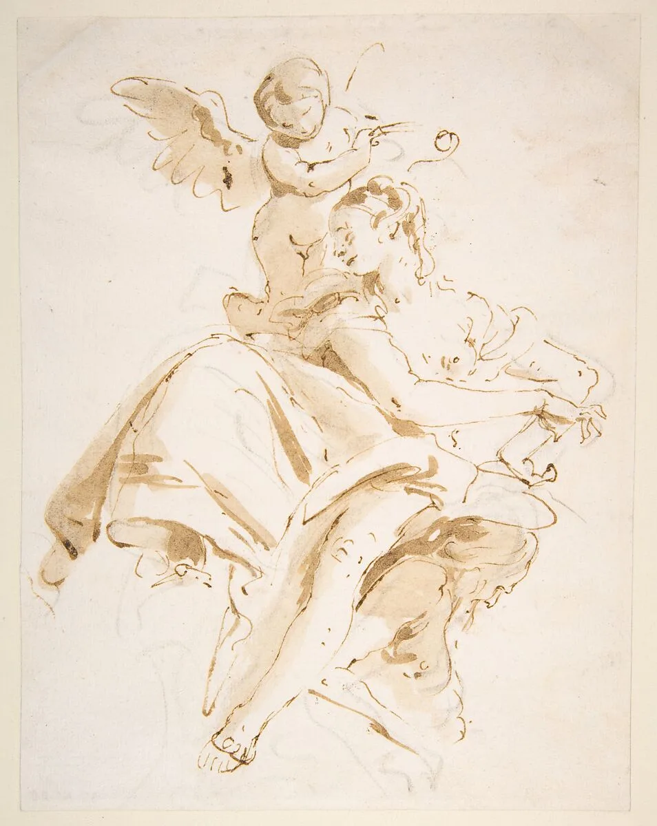 Winged Putto Crowning a Seated Woman Who Looks to the Left — Giovanni Battista Tiepolo