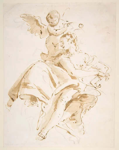 Winged Putto Crowning a Seated Woman Who Looks to the Left