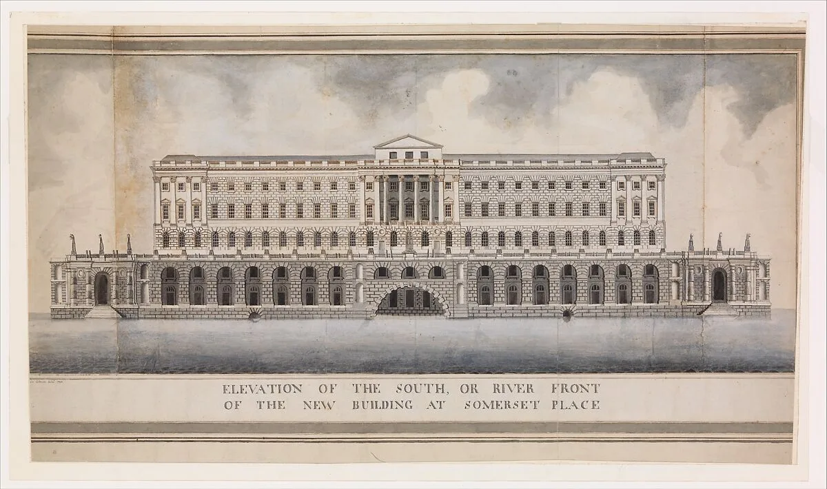 Elevation of the South, or River Front of the New Building at Somerset Place — Sir William Chambers