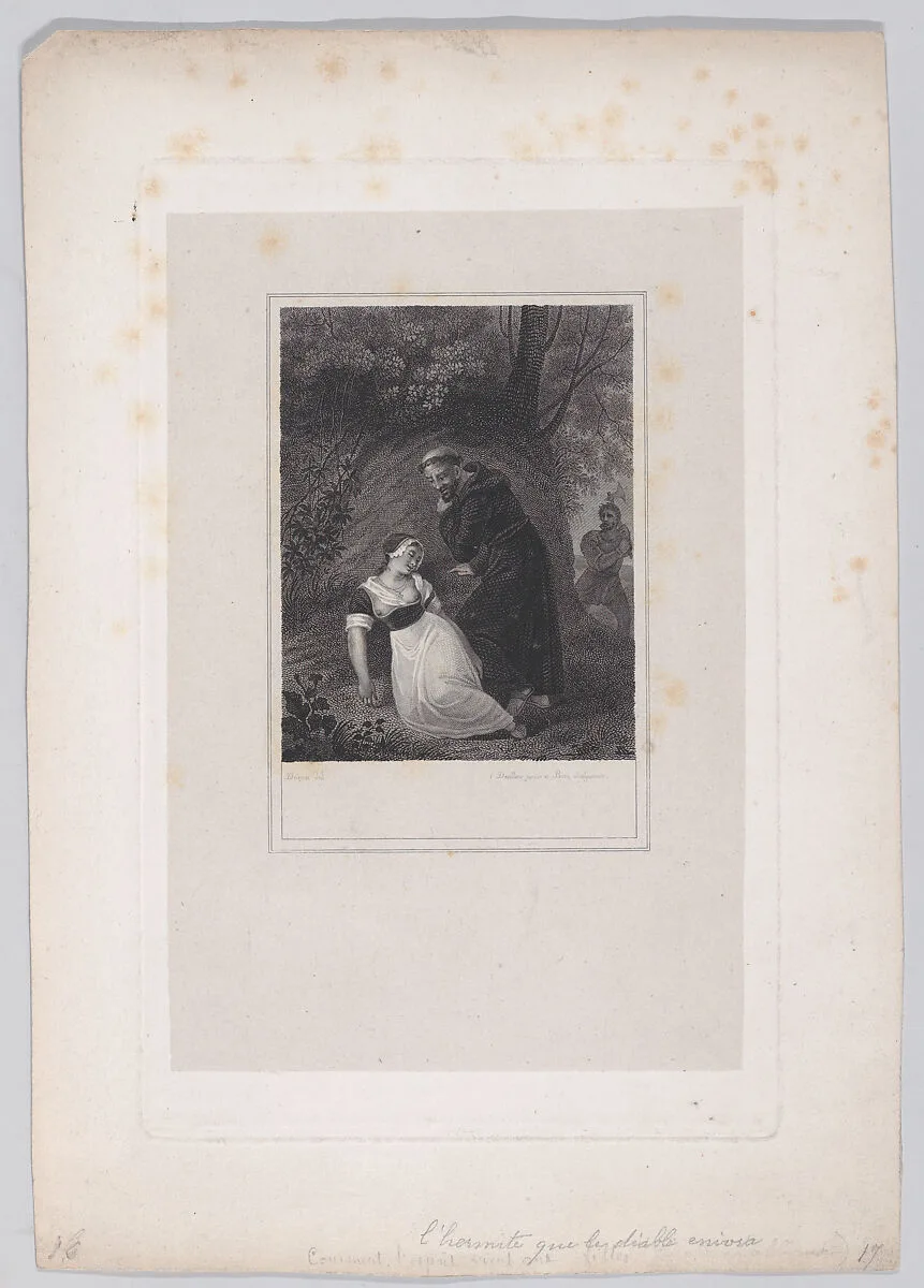 A monk reaching out to touch a woman's breast — Etienne Devilliers|Alexandre Joseph Desenne|Jean Bosq