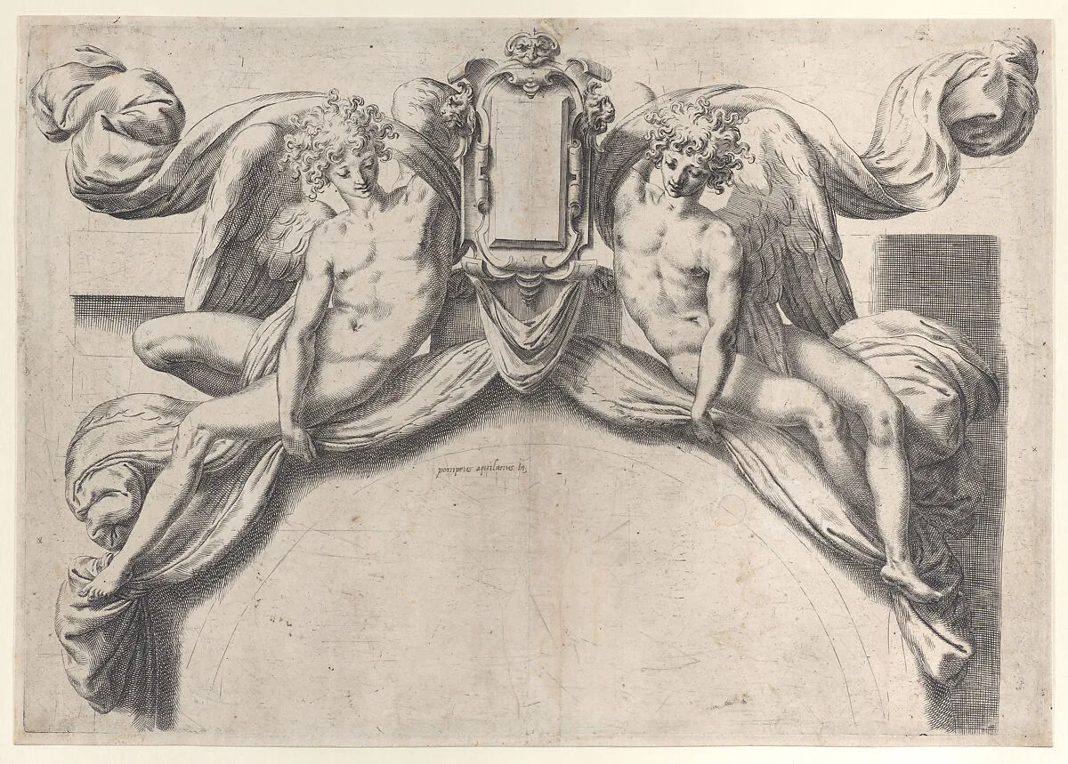 Two angels supporting a cartouche or shield — Pompeo dell'Aquila|Orazio de Santis