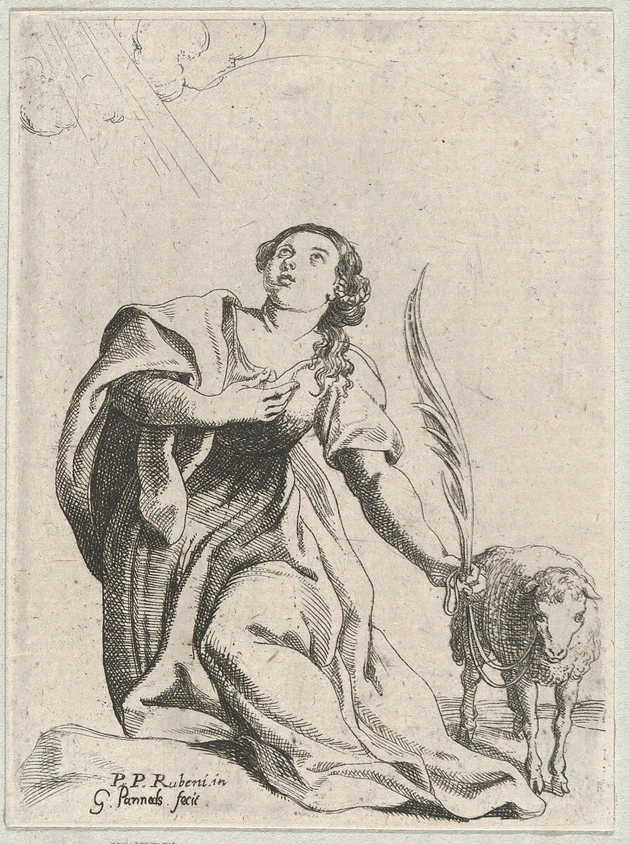 Saint Agnes, holding a palm leaf and a tethered lamb — Willem Panneels|Peter Paul Rubens