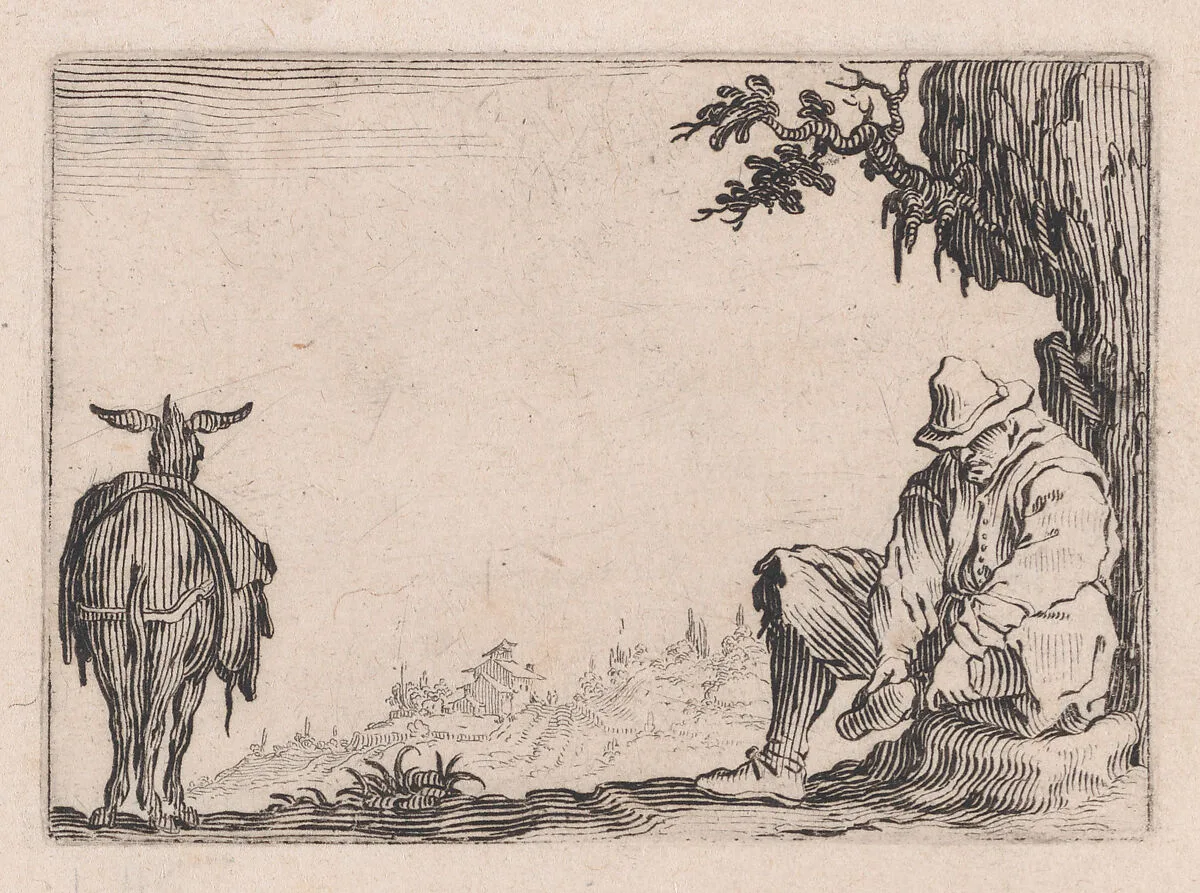 Le Paysan se Déchaussant (The Peasant Removing his Shoes), from Les Caprices Series B, The Nancy Set — Jacques Callot|Lorenzo de' Medici