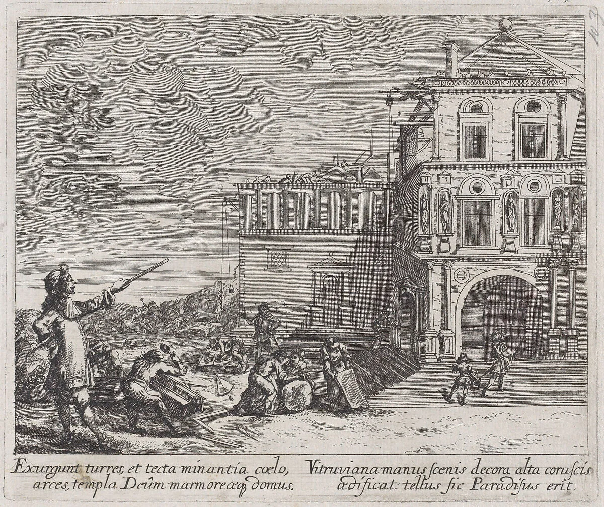 Scene showing the construction of a building — Johann Wilhelm Baur|Melchior Küsel