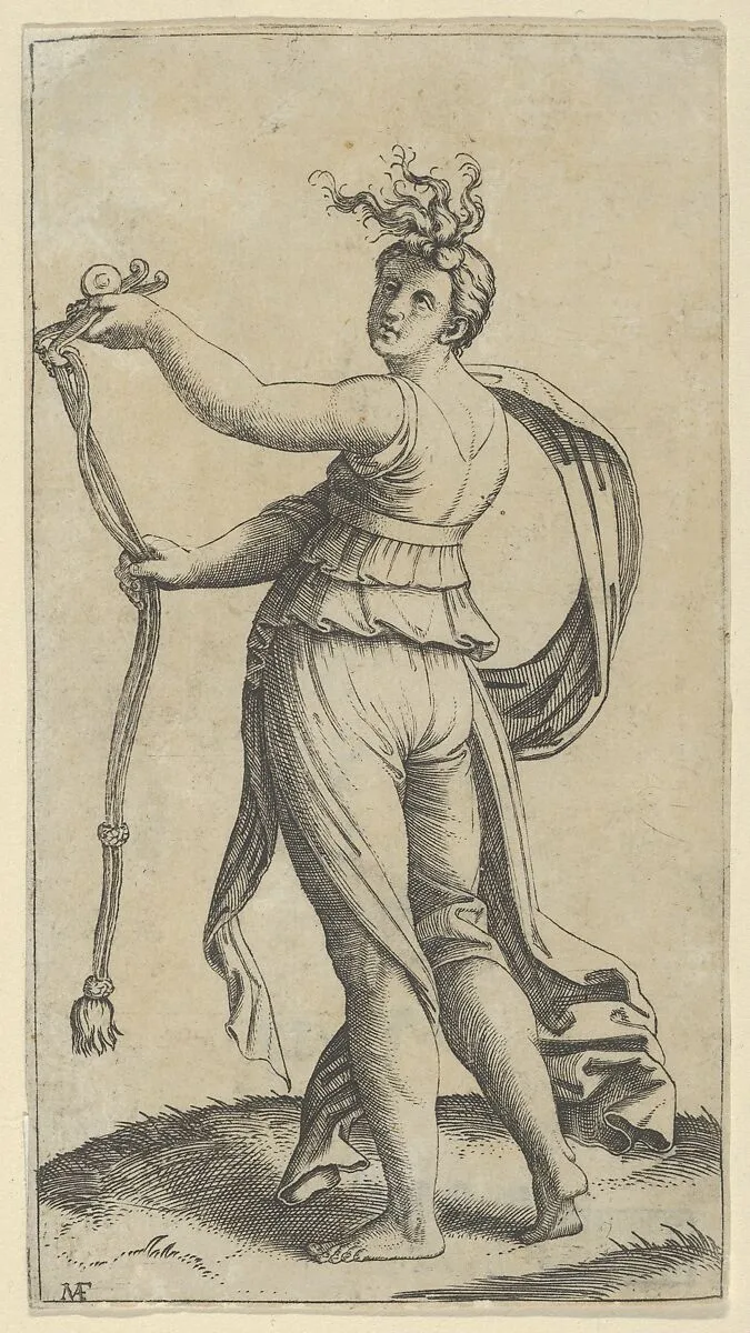 A woman representing Temperance holding a bit facing left — Marcantonio Raimondi