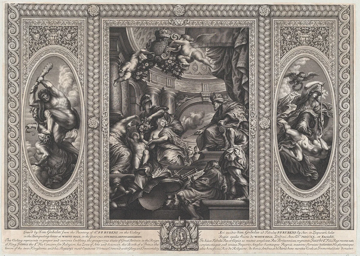 An allegorical scene showing the benefits of James' reign at center, Wise Government trampling Rebellion at right, and Liberty trampling Avarice at left — James I, King of England, Scotland and Ireland|Peter Paul Rubens|Simon Gribelin II