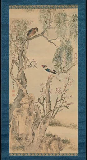 与謝蕪村筆 柳緑桃紅図|Birds in Willows and Blossoming Peach Tree