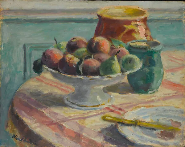 Compote of Peaches and Pears, with Pitchers, on a Table — Albert André