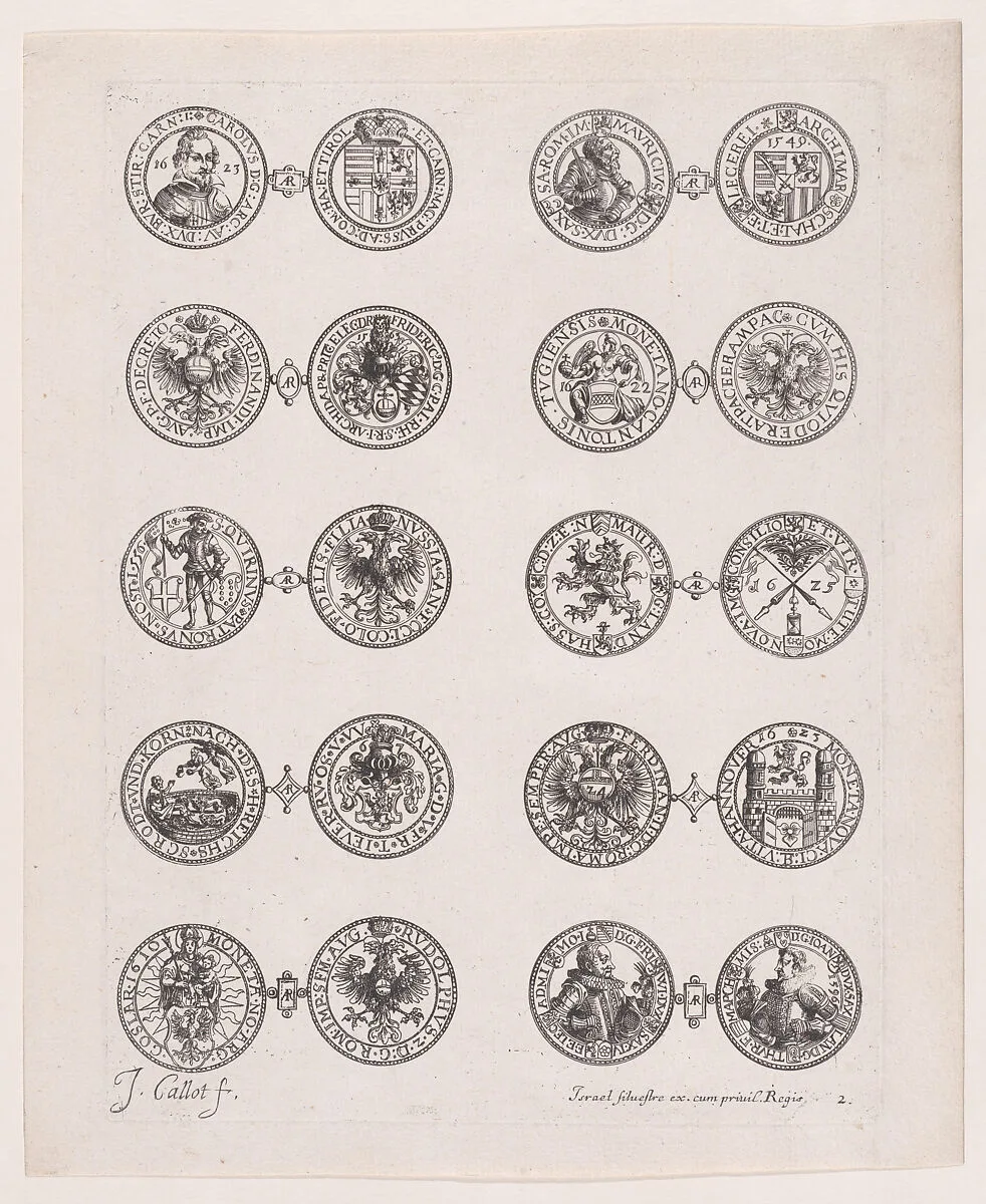 2nd Plate, Featuring 10 Coins Issued by European Princes in the 16th and 17th centuries, from Les Monnaies (The Currencies) — Jacques Callot|Israel Silvestre