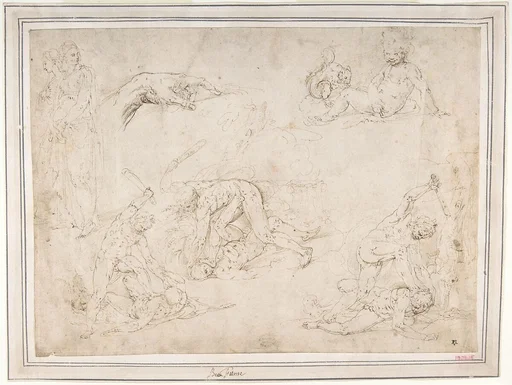 Figure Studies: Three Sketches of Cain Killing Abel, with an Altar of Sacrifice at Center, Two Standing Women, a Hand, and a Seated Child with a Squirrel