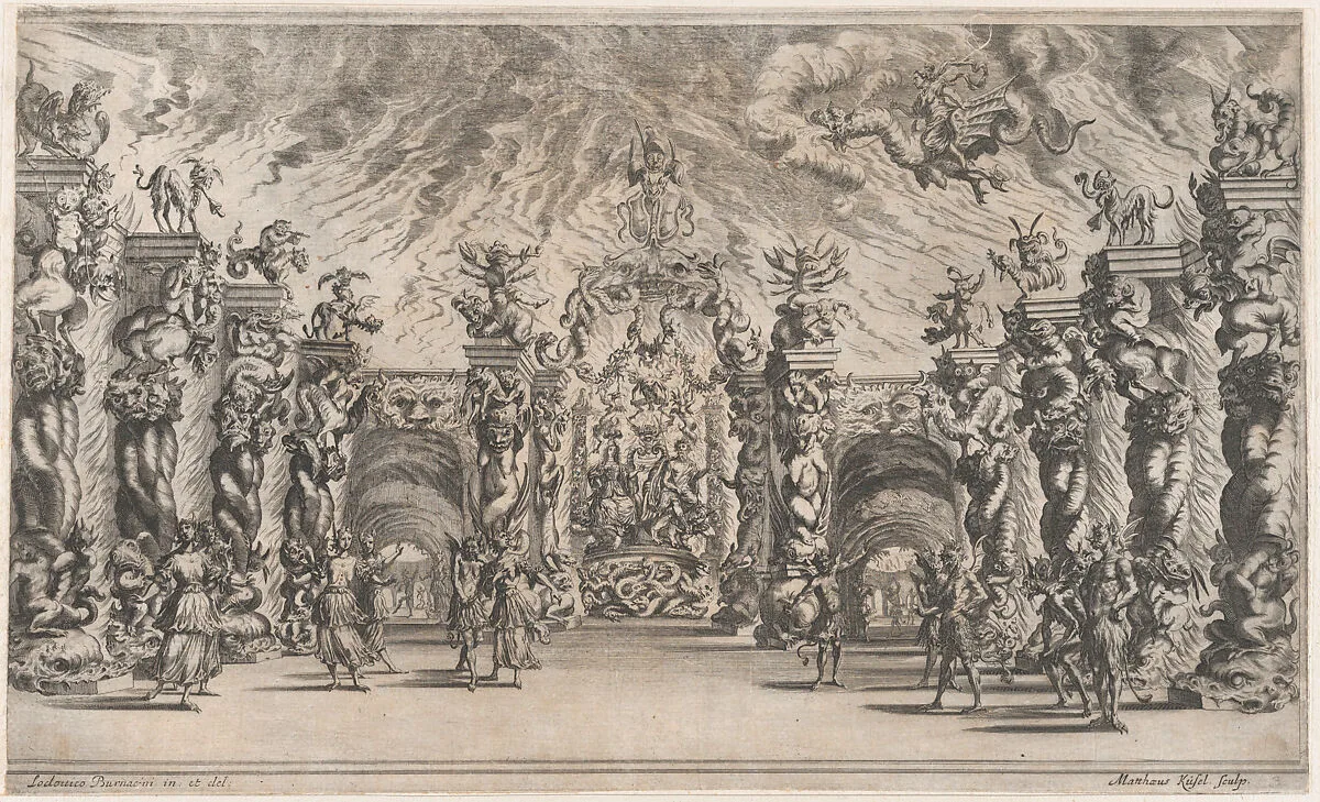 Kingdom of Pluto; a view of the underworld with Pluto and Proserpina enthroned at center, surrounded by demons; set design from 'Il Pomo D'Oro' — Ludovico Ottaviano Burnacini|Mathäus Küsel