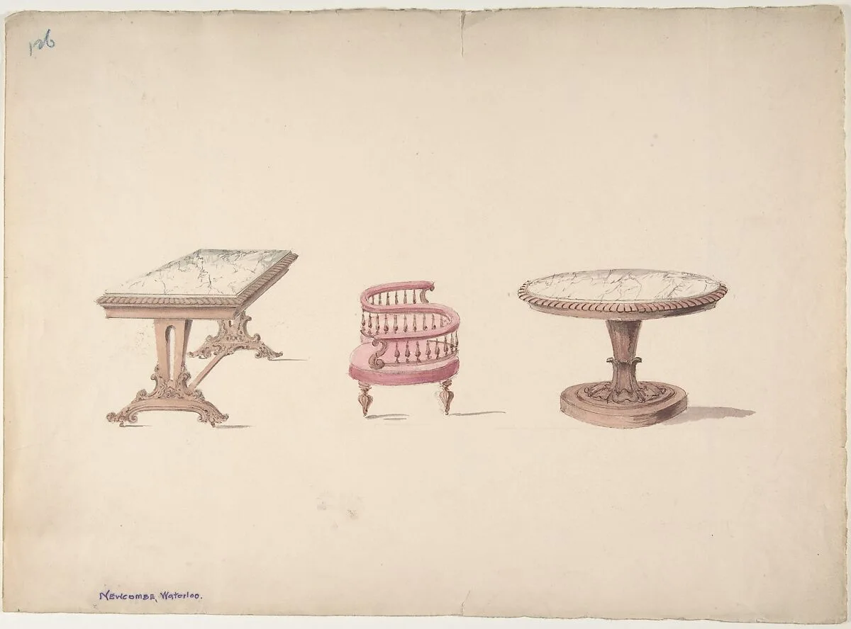 Design for a Rectangular and Round Marble-topped Tables and a Tête-à Tête Chair — Anonymous, British, 19th century