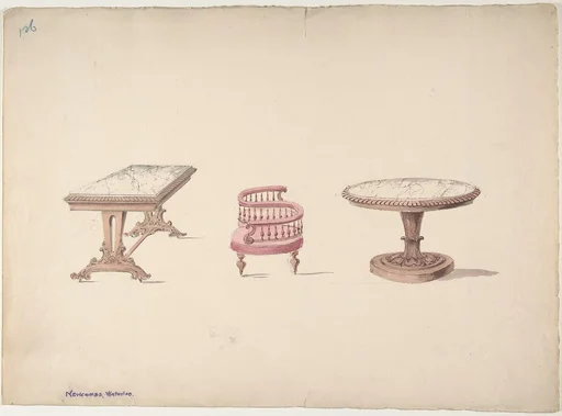Design for a Rectangular and Round Marble-topped Tables and a Tête-à Tête Chair