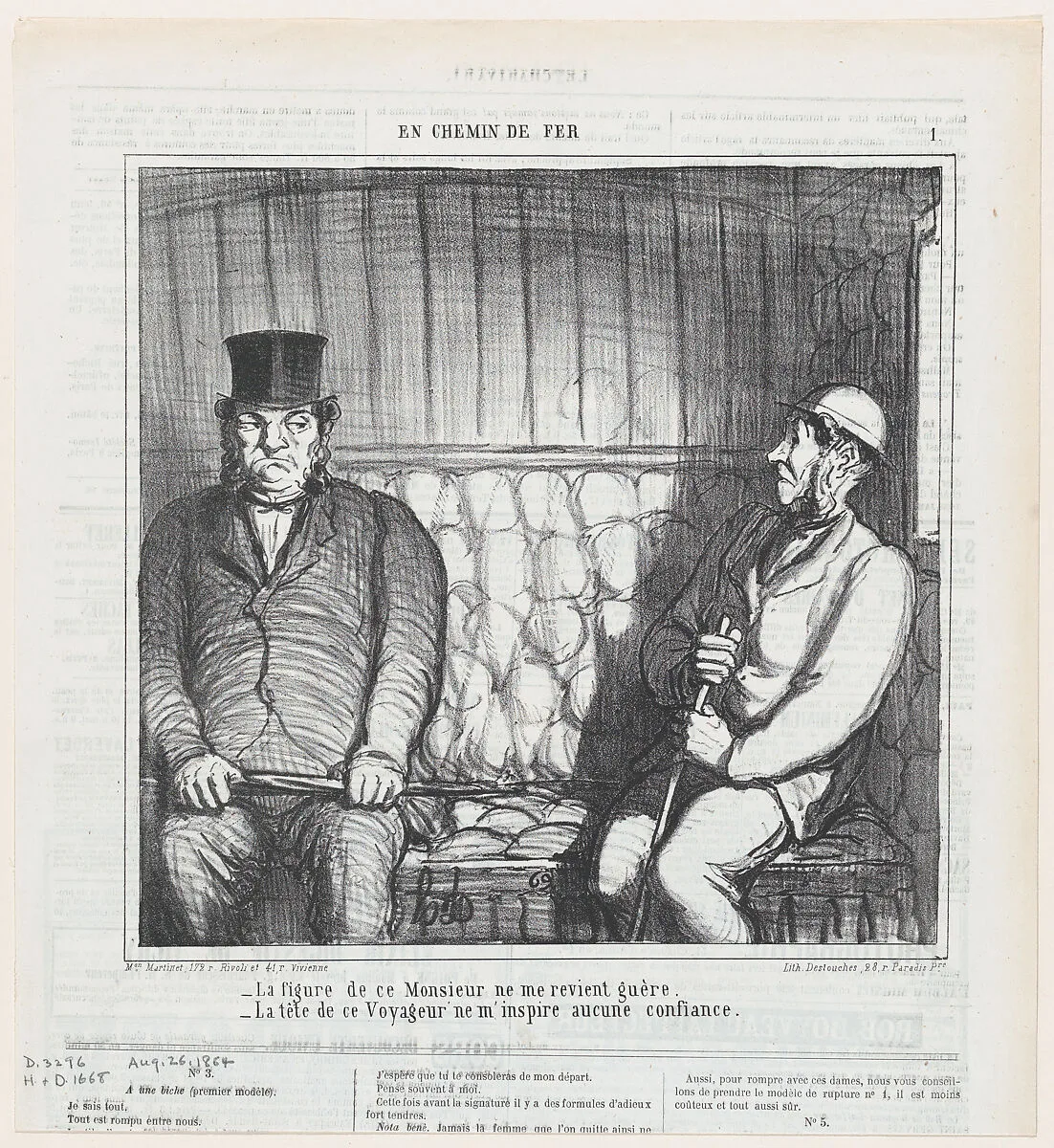 I don't like the appearance of this gentleman at all!, from 'On the train,' published in Le Charivari, August 26, 1864 — Destouches|Honoré Daumier|Aaron Martinet