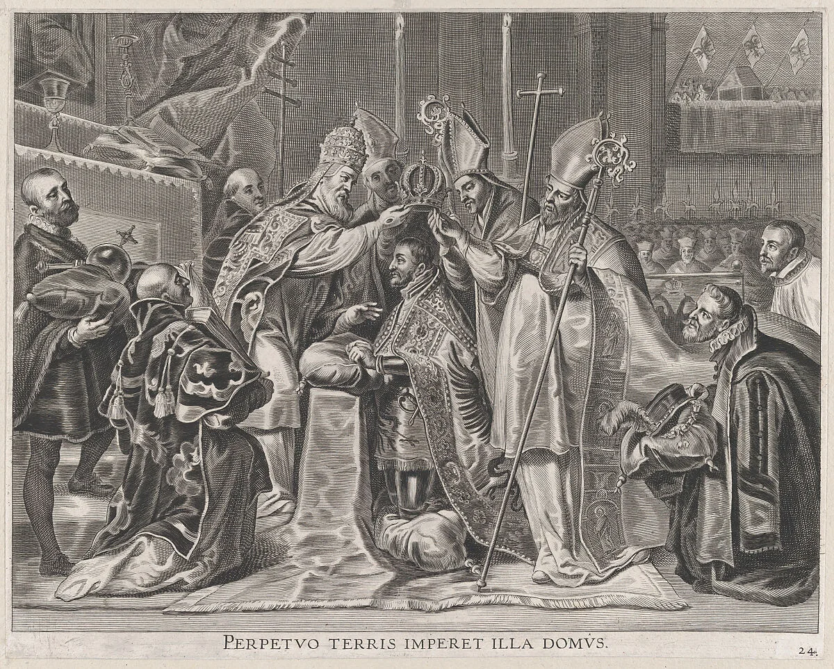 Plate 24: Charles V crowned Emperor by the Pope; from Guillielmus Becanus's 'Serenissimi Principis Ferdinandi, Hispaniarum Infantis...' — Pieter de Jode II|Gaspar de Crayer|Johannes Meursius
