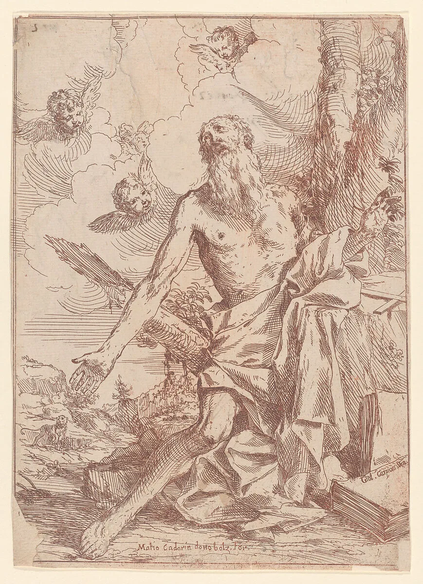Saint Jerome kneeling beside a tree with his arms outstretched — Matteo Cadorin|Giulio Carpioni