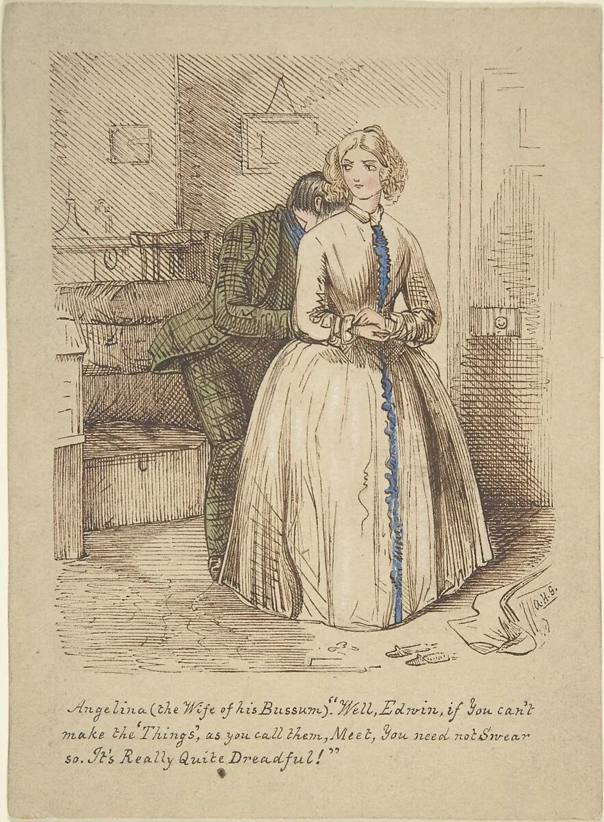Design for "Hooking and Eyeing," a wood engraving published in "Punch" (recto); Sketch of two women and a man (verso) — John Leech