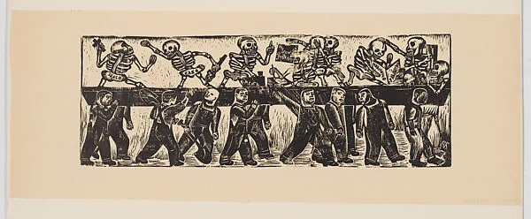 Men carrying calaveras (skeletons) on a beam; prostitute calaveras — Everardo Ramírez