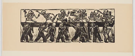 Men carrying calaveras (skeletons) on a beam; prostitute calaveras