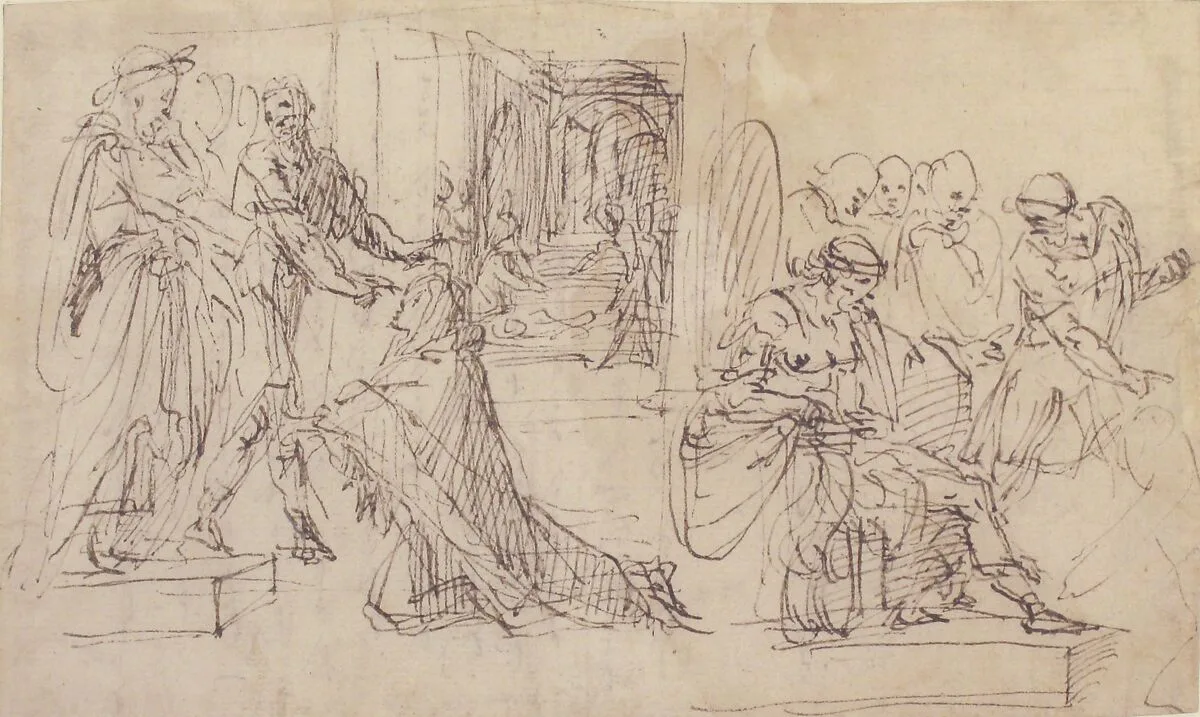 Woman Kneeling before a Standing Man, and Supplicant Kneeling before an Enthroned Male Figure — Francesco Curia