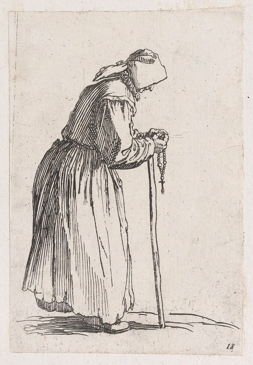 Reverse Copy of La Mendainte au Rosaire (The Female Beggar with a Rosary), from Les Gueux suite appelée aussi Les Mendiants, Les Baroni, ou Les Barons (The Beggars, also called the Barons) — Jacques Callot|Anonymous