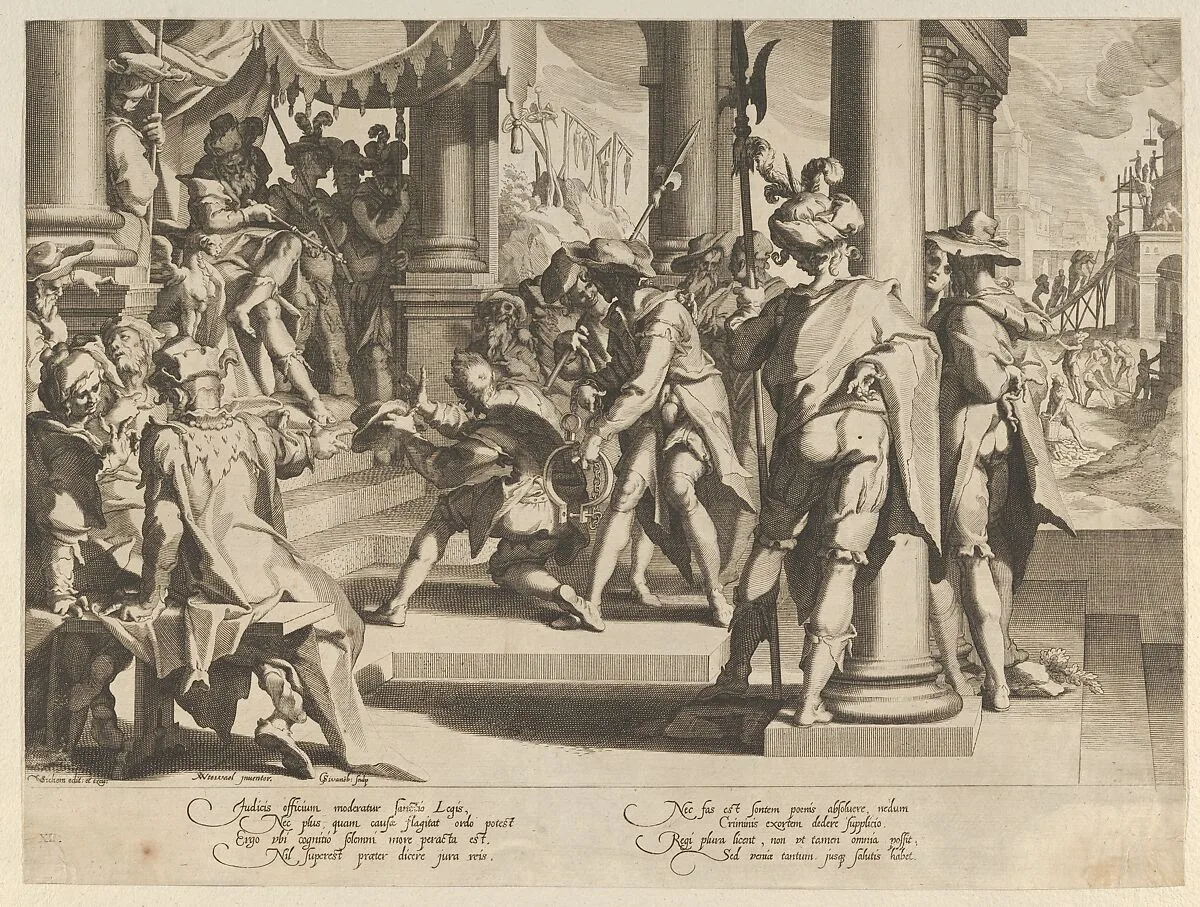 Allegory of Justice (Sanctity of the Law) with a court scene depicting a man being pardoned by a judge, from Thronus Justitiae, tredecim pulcherrimus tabulis..., plate 12 — Joachim Wtewael|Willem van Swanenburg|Christoffel van Sichem I