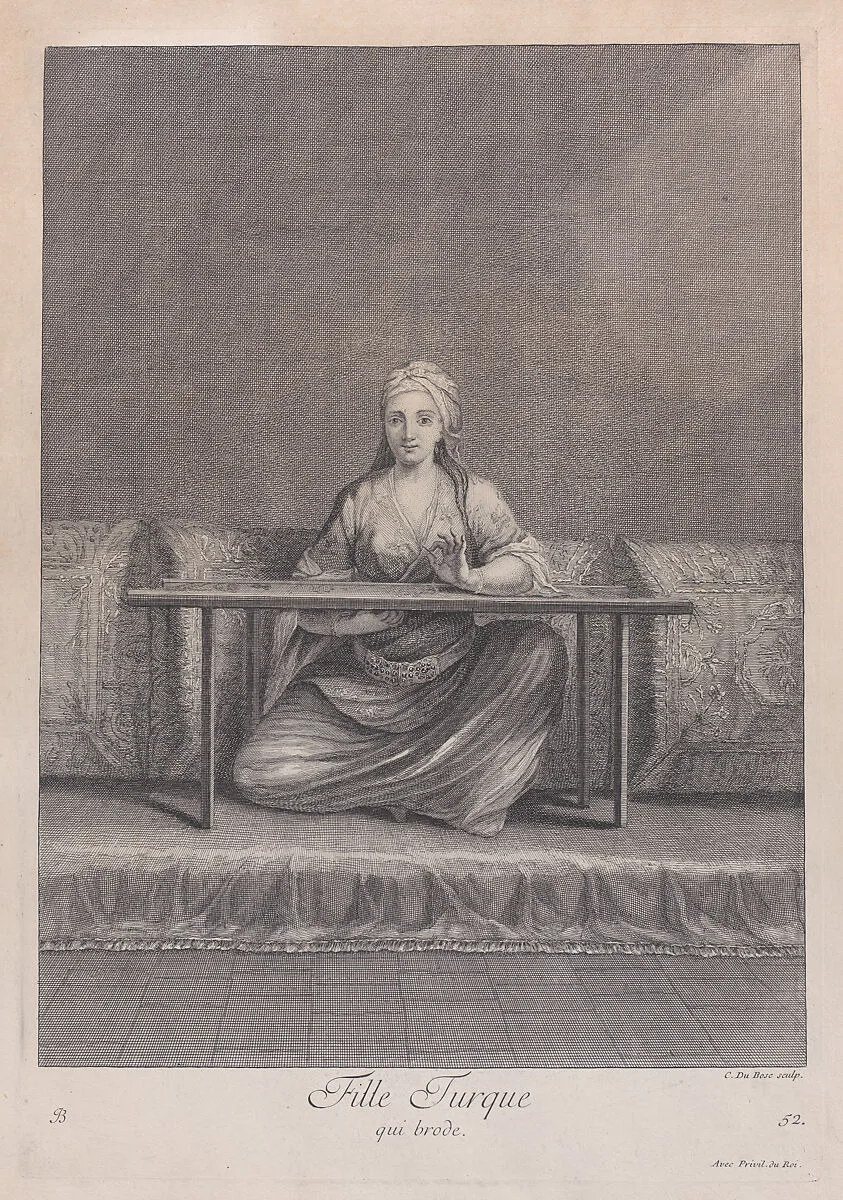 Fille Turque, qui brode, plate 52 from "Recueil de cent estampes représentent differentes nations du Levant" — Jean Baptiste Vanmour|Jacques le Hay|Claude Du Bosc