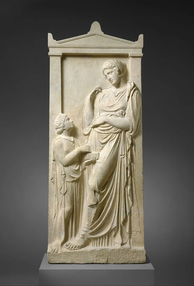 Marble grave stele of a young woman and servant — Unknown