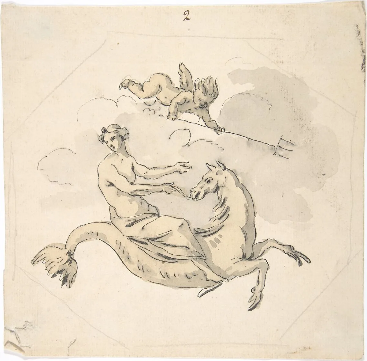 Ceiling Design of a Nereid Mounted on a Hippocamp with Putto — Anonymous, French, 18th century