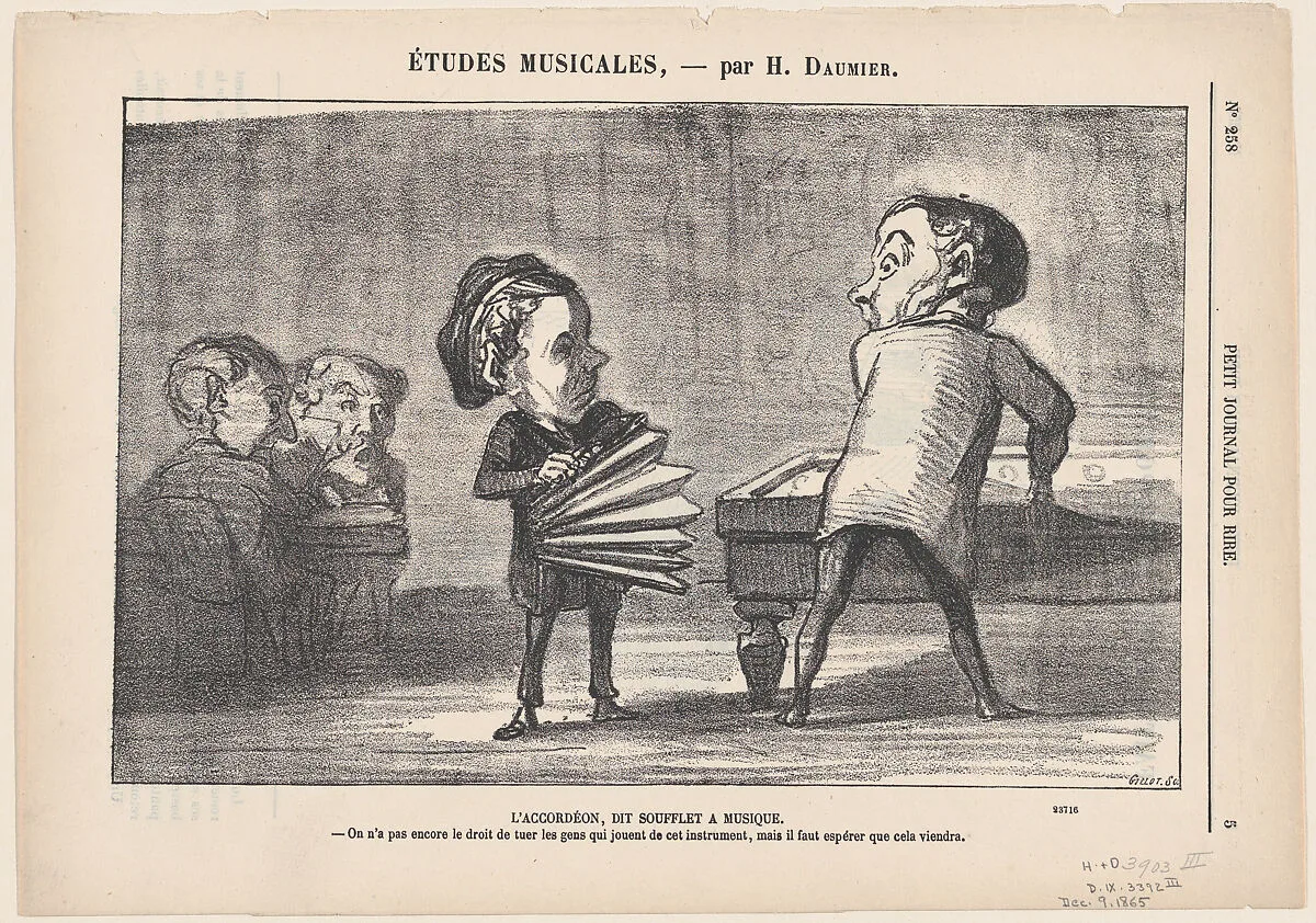 The accordion: "A Blow to Music," from 'Musical studies,' published in Le Petit Journal pour Rire, December 9, 1865 — Honoré Daumier
