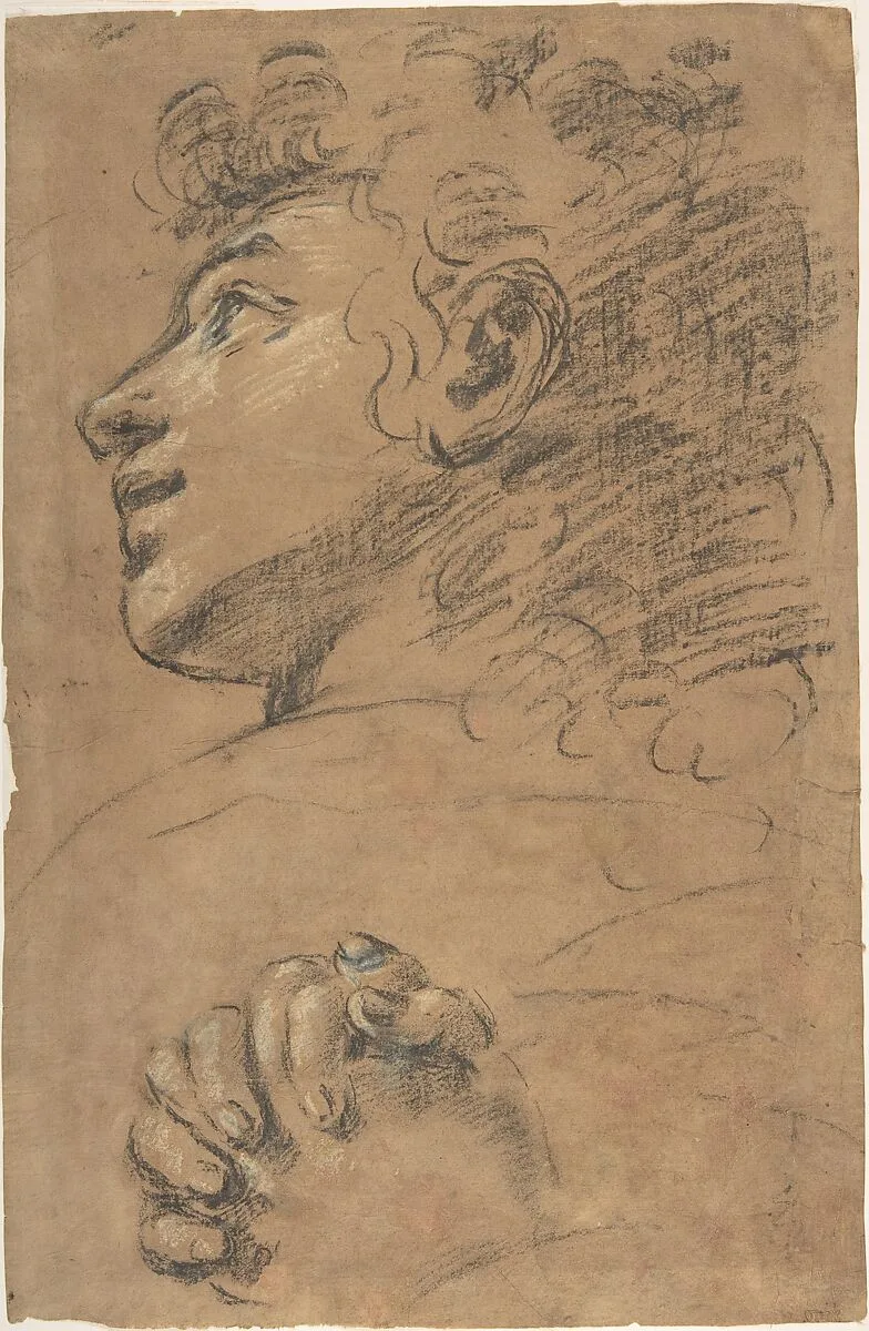 Profile Head of a Youth Looking to Upper Left, and Study of Clasped Hands — Giacomo Cavedone