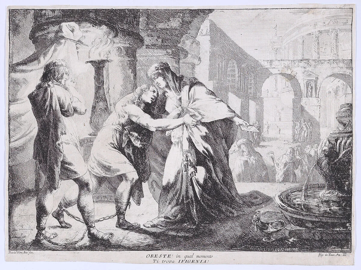 Iphigenia accompanied by Pylades recognises Orestes, whom she is about to sacrifice — Giovanni David